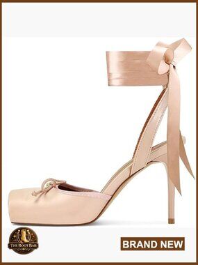 Satin Square Toe Pumps with Lace Up Straps 3.14 Inch Heel Party Shoes